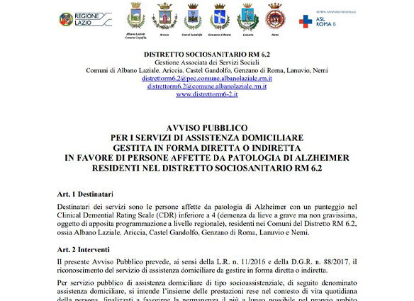 Assistenza domiciliare diretta o indiretta in favore di persone affette da patologia di Alzheimer